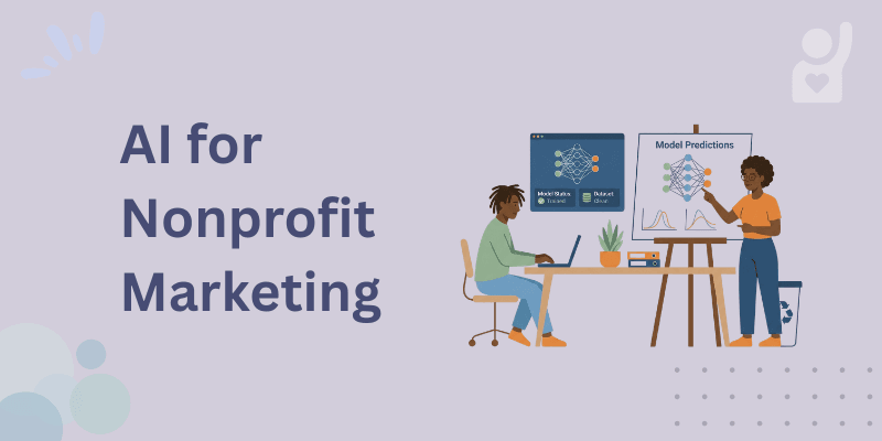 Small nonprofit team using AI tools to draft social media posts donor emails and newsletter content on a single laptop screen