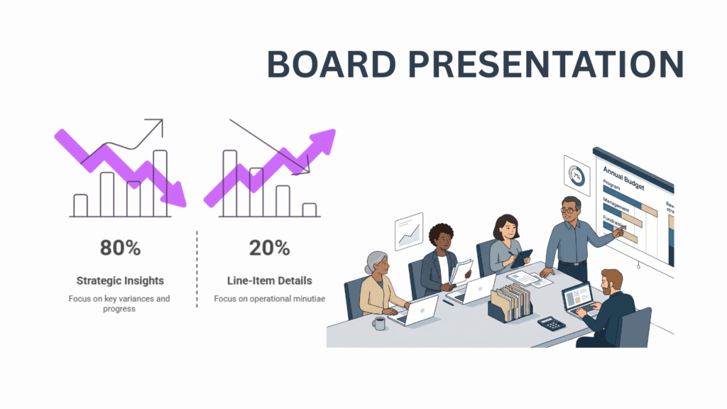 Nonprofit budget transparency concept linking organization, board, and donor community through accountable reporting