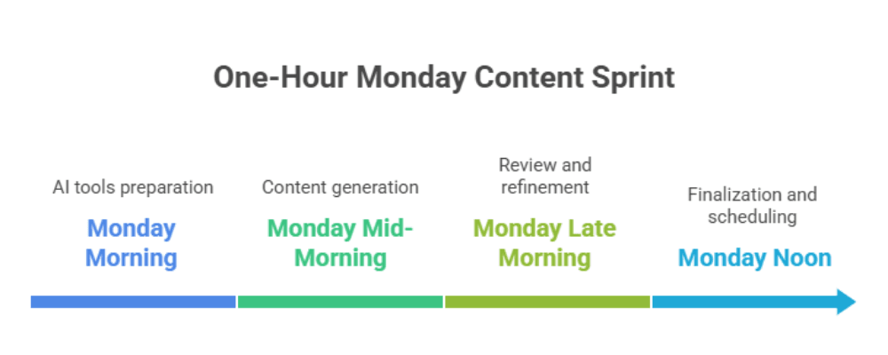 Workflow diagram showing a one-hour Monday content sprint producing one week of nonprofit social posts donor emails and newsletter content using AI tools