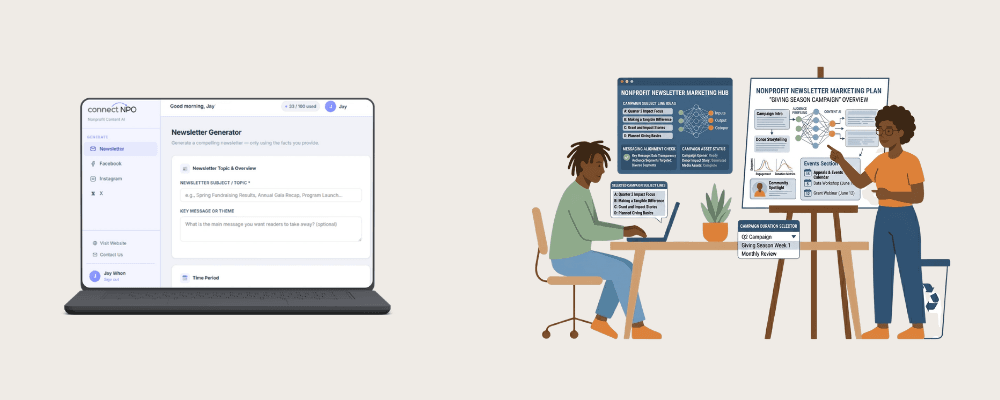 ConnectNPO Content AI nonprofit newsletter generator interface showing newsletter subject key message time period selector and events section