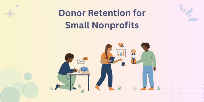 Executive director of a small nonprofit reviewing two donor relationship paths on a laptop, one fading after the first gift and one growing into recurring monthly giving