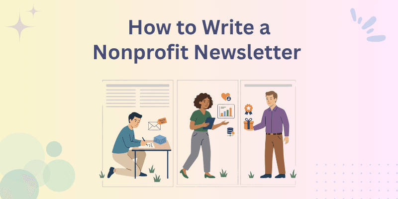 Small nonprofit executive director at a laptop drafting a donor newsletter with four section labels visible on the screen and a stack of paper letters beside the laptop suggesting personal letter writing