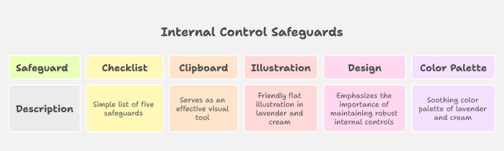 A simple checklist of five internal control safeguards on a clipboard, friendly flat illustration in lavender and cream