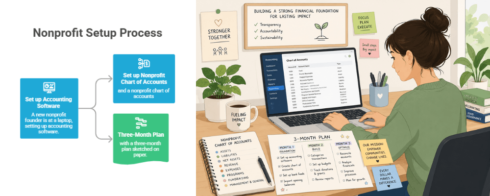 A three-phase 90-day nonprofit bookkeeping setup roadmap: Month 1 foundation, Month 2 monthly rhythm, Month 3 reporting