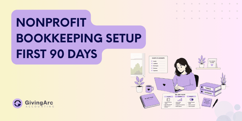 A new nonprofit founder setting up bookkeeping on a laptop with a fresh chart of accounts and a 90-day plan on the desk