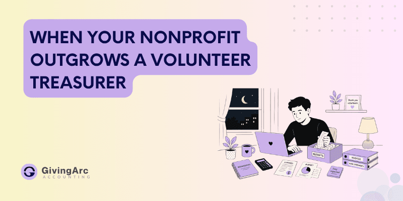 A nonprofit volunteer treasurer at a kitchen table with a laptop and a box of receipts late in the evening, representing one person carrying all the books