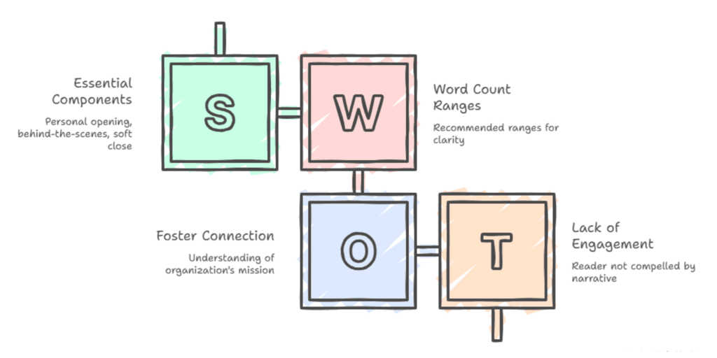 How to Write a Nonprofit Newsletter Donors Actually Open: 4 AI Prompts + the Edits That Make It Sound Human 1 Diagram of the four-section nonprofit donor newsletter format showing personal opening impact story behind-the-scenes glimpse and soft non-ask close with word count ranges for each section
