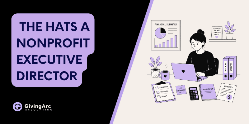 Illustration of a nonprofit executive director at a desk surrounded by bookkeeping and program tasks