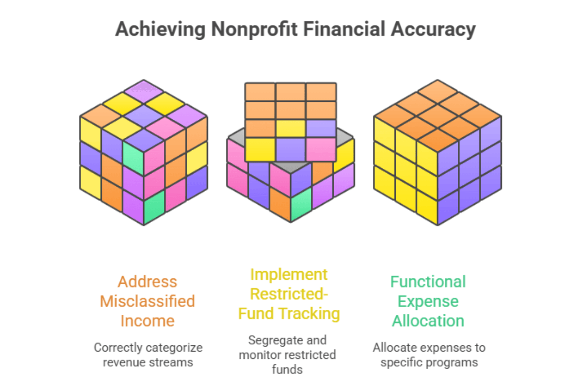 Diagram showing five common nonprofit bookkeeping problems including misclassified income, missing restricted-fund tracking, and no functional expense allocation