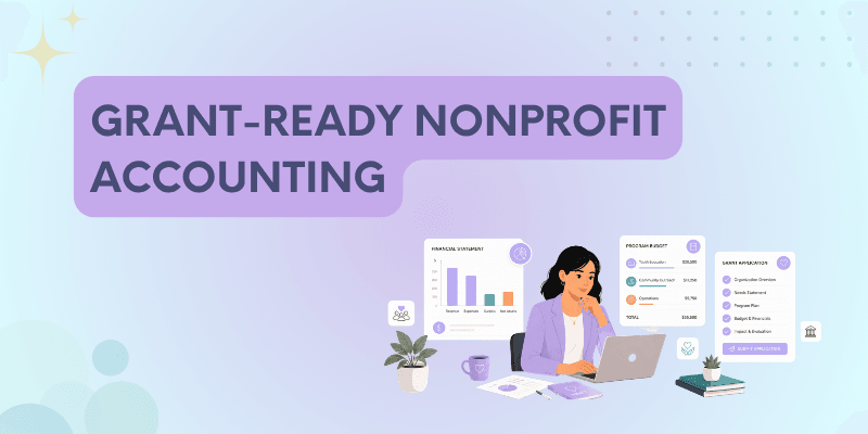 A nonprofit leader reviewing financial statements and a program budget at a desk while preparing a grant application.