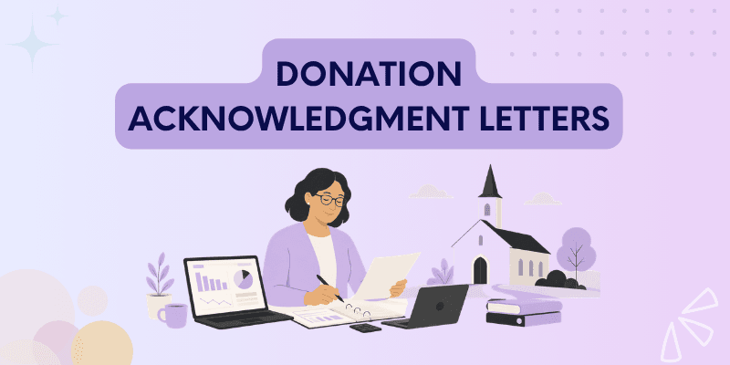 A nonprofit staff member preparing donation acknowledgment letters at a desk, with a checklist of IRS-required elements beside a stack of donor thank-you envelopes.
