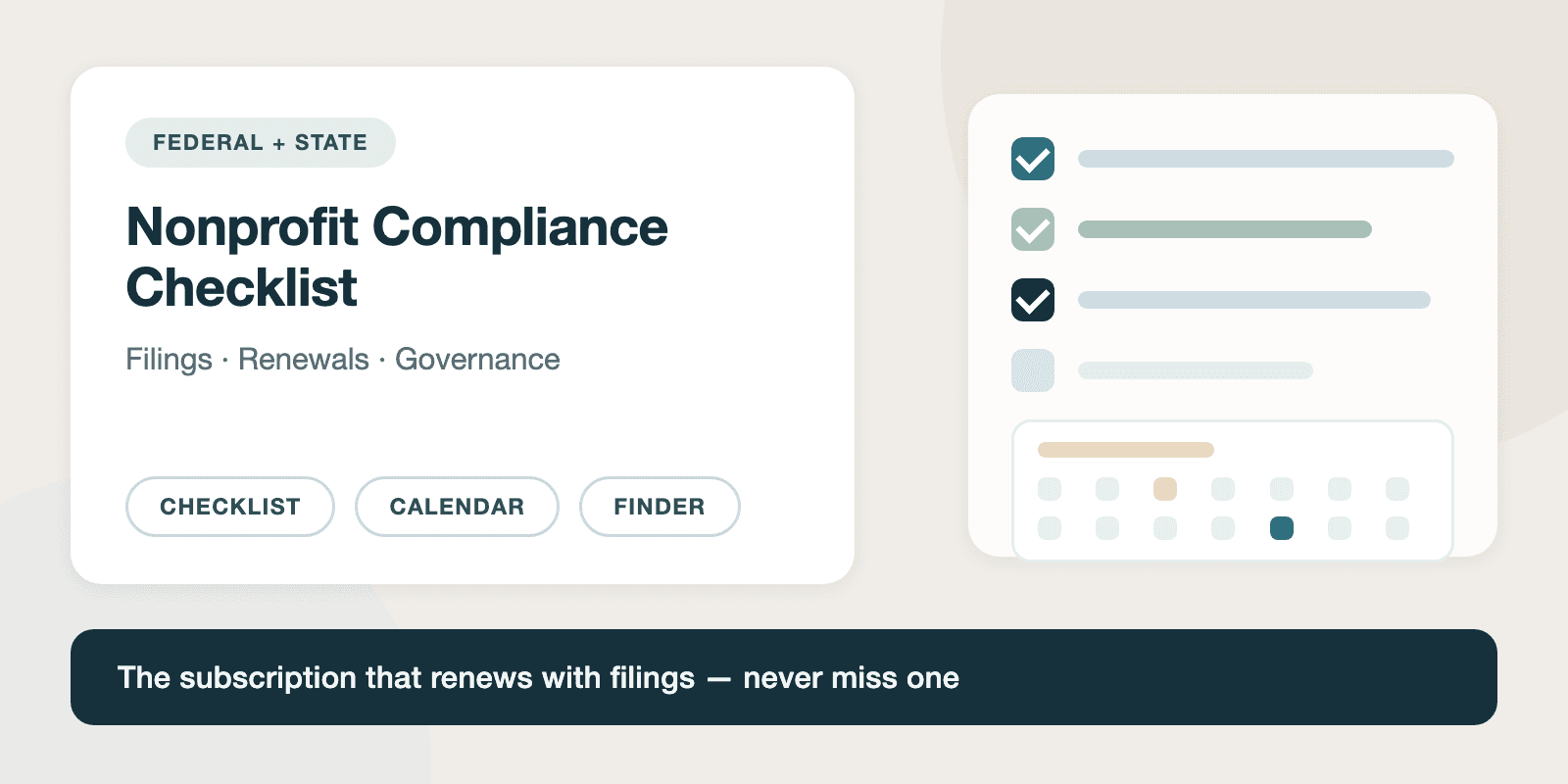 Nonprofit compliance checklist guide cover — a federal and state checklist card with checkboxes and a compliance calendar, tagged checklist, calendar, and finder.